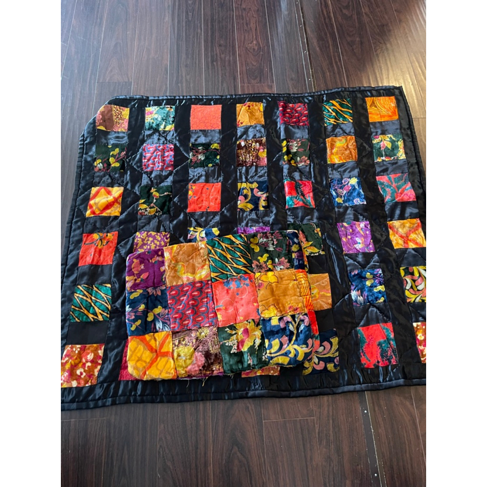 Vintage 60s Boho Patchwork Velvet Quilt Throw + Pillow Sham India Decor